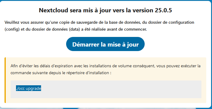 Message suite à maj faire un ./occ upgrade - 🇫🇷 Français (french) -  Nextcloud community