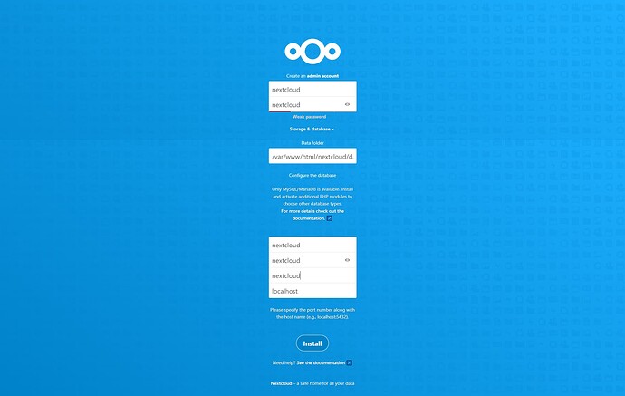 Set Nextcloud admin, data folders, and MySQL by connecting to .