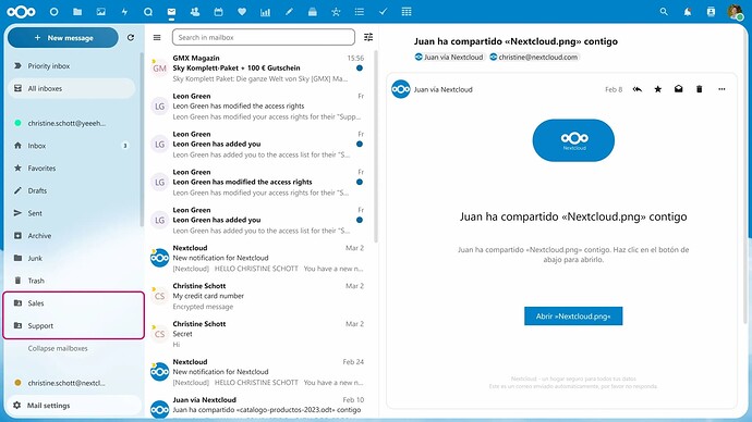 Screenshot of the NextCloud Mail app highlighting shared "Sent" and "Support" folders