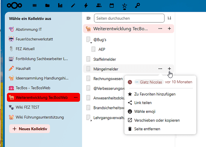 Möglichkeiten in den Unterseiten vom Kollektiv