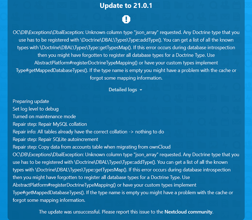 Nextcloud 20 to 21 Update Error - ? Installation - Nextcloud community