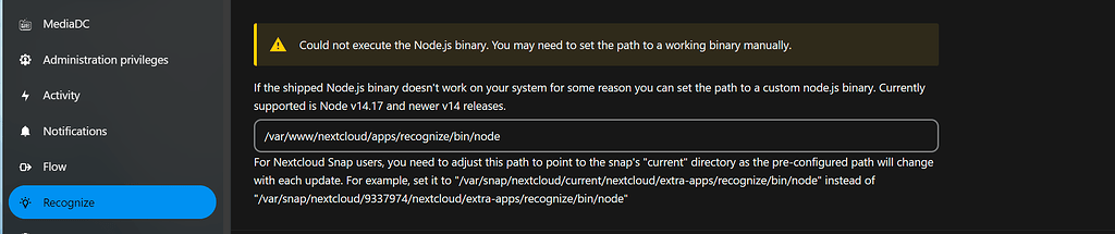 Recognize: cannot execute node.js binary and cant open nextcloud logs ...