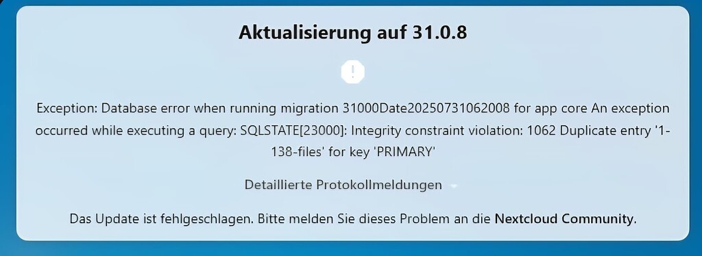 Update Problem to 31.0.8 - ℹ️ Support - Nextcloud community
