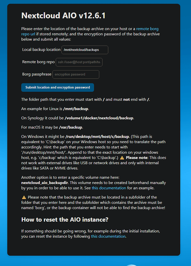 NC AIO 12.6.1 Backup Restore Not working - ℹ️ Support - Nextcloud