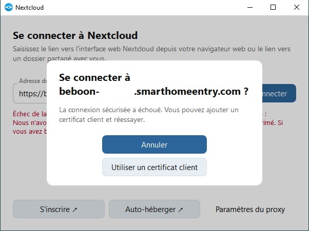 nextcloud client connexion windows erreur 1